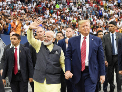 Indian Prime Minister Narendra Modi and President Donald Trump walked holding hands around the massive NRG Stadium in Houston, TX, at the HowdyModi! event Sept. 22, 2019. (Photo: Twitter @narendramodi