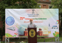 India's Ambassador to the U.S. Taranjit Singh Sandhu speaking on India's 75th Independence Day celebrations in Washington, D.C. Photo: courtesy Embassy of India)