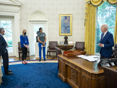 President Joe Biden greets Arsema Desta with the Anacostia/Congress Heights COVID Center in Washington, D.C. in the Oval Office of the White House, Tuesday, June 21, 2022, prior to delivering remarks on COVID-19 vaccines for children under 5. (Official White House Photo by Adam Schultz)