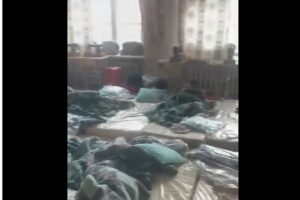 Passengers on Air India Flight 173 stranded in Magadan airport in remote part of Russia, sleeping on floor in accommodations provided. PHOTO: Twitter videograb @Tarun Shukla