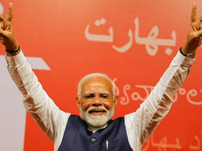 FILE PHOTO: Indian Prime Minister Narendra Modi gestures, at the Bharatiya Janata Party (BJP) headquarters in New Delhi, India, June 4, 2024. REUTERS/Adnan Abidi/File Photo