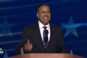 Congressman Raja Krishnamoorthi addressing the Democratic National Convention on Day 4, August 22, 2024. PHOTO YouTube courtesy Rep. Krishnamoorthi