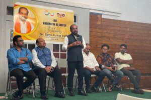 Andhra Pradesh Health Minister, Satya Kumar Yadav, addressing the gathering on September 2, 2024, in Haymarket, Virginia. PHOTO: T. Vishnudatta Jayaraman, News India Times