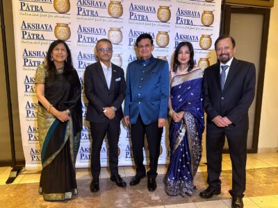 From left, Dr. Sudha Parikh, India's Consul General Binaya Srikanta Pradhan, Padma Shri recipient Dr. Sudhir Parikh, Dr. Rachana Kulkarni, and Dr. Anand Kulkarni, at the Akshaya Patra Tri-State Chapter annual gala held in Newark Oct. 12, 2024. PHOTO: Raja Bhatty, ITV Gold.