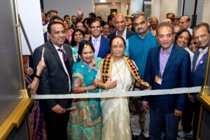 Inaugural ribbon-cutting ceremony of the BJ Medical College, Ahmedabad, Alumni Association, Convention in Charlottesville, NC, held September 26, 27, 28, 2024. Among those present are Dr. Rakesh Joshi from India, Dr. Malti Mehta, main organizer, Dr. Bharat Patel, and other BJMCAAA alumni.