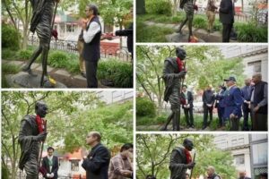 A photo collage of dignitaries including NY Consul General Binay S. Pradhan (in the first photo top left) garlanding the Statue of Mahatma Gandhi at Union Square Park in Manhattan, NYC, on October 2, 2024. Photo : Consulate General of India