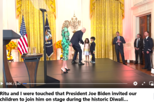 President Joe Biden and First Lady Jill Biden greeting the children of Congressman Ro Khanna, D-California, at the White House Diwali celebrations October 28, 2024. PHOTO: Posted by Rep. Khanna on Facebook.