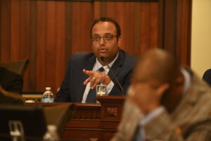 Senate Transportation Chair Ram Villivalam gesturing during a subject matter hearing Tuesday, Oct. 15, 2024, to discuss how funding transit is a statewide priority. PHOTO: Senatorram.com