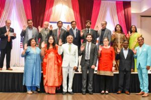 Taking Oath of Office: Left to Right- Piero Orsi, Raj Patel, Bhailalbhai M Patel, Pradeep B Shukla, Kantibhai Patel, Nick Verma, Bimal Pandhi, Shirin Marvi, Sunita Kakarlapudi, Vananti Bhatt, Jyothi Pallapottu, Nimish Jani, Brandon Glasser, Catherine Terpstra, Ashok Laxman, Sai Ravi Suri Bhotla. ALL PHOTOS: ASARP