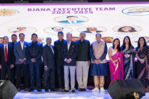 BJANA's Executive Team poses on stage for a photo during the annual Diwali celebrations at Royal Albert's Palace in New Jersey, October 26, 2024. PHOTO: VasulPhotography