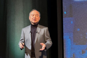 FILE PHOTO: SoftBank CEO Masayoshi Son speaks at the SoftBank World 2023 corporate conference, in Tokyo, Japan October 4, 2023. REUTERS/Francis Tang/File Photo