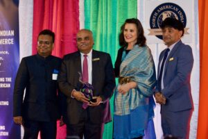 From left, Consul General of India (Chicago) Somnath Ghosh, Dr. Ashok Jain - Medical Leadership Award, Michigan Gov. Gretchen Whitmer, Dhaval Vaishnav - president, North American Indian Chamber of Commerce. ALL PHOTOS: Courtesy NAICC