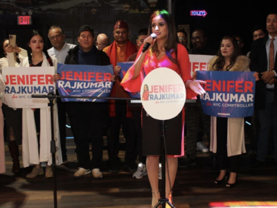 New York Assemblywoman Jenifer Rajkumar, addressing supporters at her campaign kick-off for NYC Comptroller, Nov. 20, 2024. ALL PHOTOS: Rajkumar's campaign